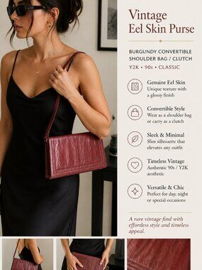 Vintage Eel Skin Purse Burgundy Convertible Shoulder Bag Y2k 90s Classic
